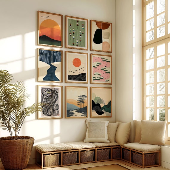 アート731　「タイム2(オリーブ)」　インテリアコーディネート Eclectic Japandi Wall Art, Japanese Colorful Prints, Maximalist