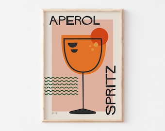Mid Century Modern Cocktail Print, Aperol Spritz Poster in Pink and Orange, Retro Colorful Kitchen Bar Decor Digital Download