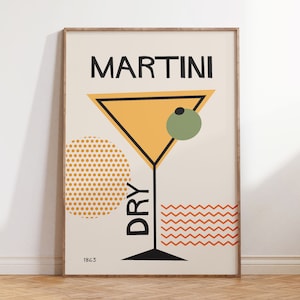Cocktail Poster Martini Dry, Retro Alcohol Prints, Kitchen Printable Wall Art, Bar Cart Decor Digital Download