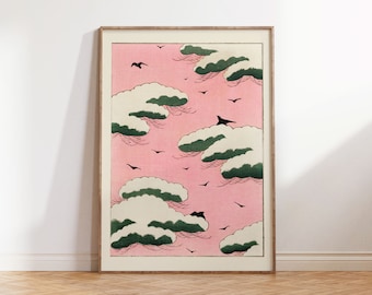 Art mural japonais rose, affiche vintage rétro, estampes d'art célèbres, art mural de décor de salle de bains, téléchargement numérique de décor de mur de chambre à coucher