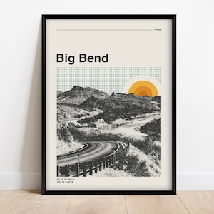 Big Bend National Park Retro Travel Poster, Mid Century Modern Digital Print, Texas Mountains Wall Art Digital Download