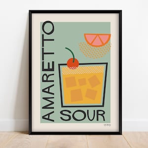 Impresión de cóctel Amaretto Sour, Póster de cocina moderna de mediados de siglo, Decoración de bar retro colorida Descarga digital