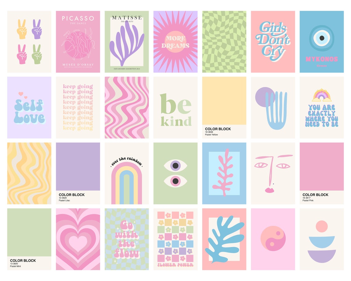 Danish Pastel Wall Collage Kit Funky Wall Art Aesthetic - Etsy