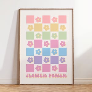 Flower Power Retro Print, Y2K Pastel Checkered Rainbow Poster, Pastel Room Decor Aesthetic Instant Download