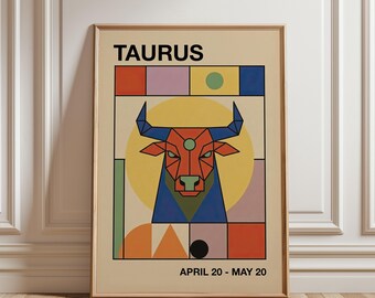 Taurus Art Print, Astrology Wall Art, Retro Bauhaus Style Poster, Mid Century Modern Art, Zodiac Sign Gift, Digital Download