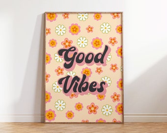 Funky Retro Wall Art, Groovy Floral Poster, 60's 70s Aesthetic Hippie Room Decor, Good Vibes Flower Power Print Descarga digital
