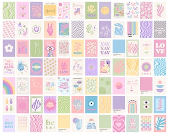 Danish Pastel Wall Collage Kit, Funky Wall Art, Aesthetic College Room Decor, Retro Groovy Y2k Decor Set of 84 Digital Prints 5x7 in.
