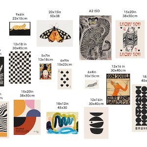 Op de afbeelding: Een verzameling van 14 afdrukbare kunstposters met verschillende ontwerpen, waaronder geometrische vormen, abstracte patronen, dieren en speelkaarten. De posters zijn in zwart, wit, rood, oranje, geel, blauw, groen en bruin. De posters zijn verkrijgbaar in verschillende formaten, waaronder 15x23 cm, 22x15 cm, 30x40 cm, 30x45 cm, 38x50 cm, 45x30 cm, 45x60 cm, 50x38 cm en 20x25 cm.