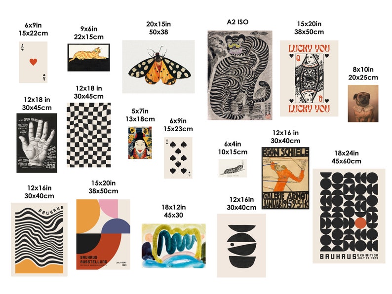 Op de afbeelding: Een verzameling van 14 afdrukbare kunstposters met verschillende ontwerpen, waaronder geometrische vormen, abstracte patronen, dieren en speelkaarten. De posters zijn in zwart, wit, rood, oranje, geel, blauw, groen en bruin. De posters zijn verkrijgbaar in verschillende formaten, waaronder 15x23 cm, 22x15 cm, 30x40 cm, 30x45 cm, 38x50 cm, 45x30 cm, 45x60 cm, 50x38 cm en 20x25 cm.