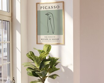 ピカソ ペンギン ライン アート プリント、セージ グリーンのミニマ