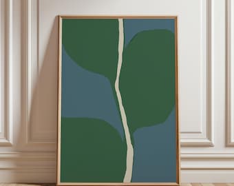 Minimalist Printable Wall Art, Abstract Retro Botanical Print, Vintage Boho Wall Art, Big Leaf in Blue and Green, Digital Download Poster