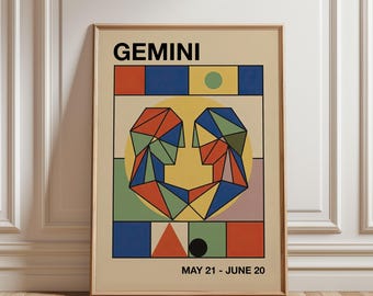 Gemini Art Print, Astrology Wall Art, Retro Bauhaus Style Poster, Mid Century Modern Art, Zodiac Sign Gift, Digital Download