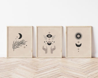 Set of 3 Celestial Digital Prints, Black and White Boho Wall Art, Mystic Moon Sun and Stars