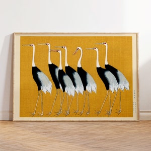 Arte de la pared del pájaro de la grúa japonesa, impresión horizontal del paisaje, cartel imprimible vintage, descarga digital de la decoración de la pared ecléctica de moda