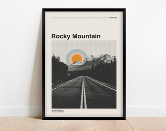 Rocky Mountain National Park Retro Travel Poster, Mid Century Modern Digital Print, Colorado Mountains Wall Art Digital Download