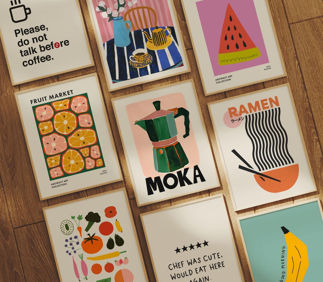 mega retro kitchen gallery wall art set of 90,... Retro Kitchen Wall Art Prints, Eclectic Food Wall Art, Quirky Whimsical ...