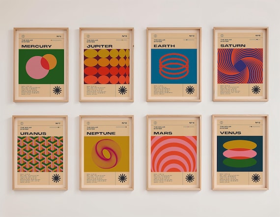 Bauhaus Poster Set Mid Century Modern Art Abstract Colorful Geometric Astronomy Art Solar System Prints Vintage Retro Science Class Decor