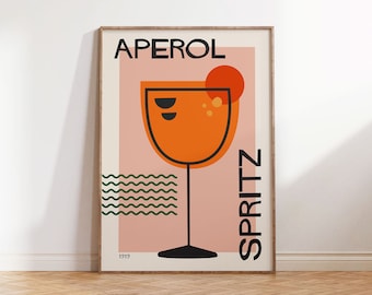 Aperol Spritz Cocktail Art Print, Retro Colorful Kitchen Poster, Mid Century Modern Bar Decor Digital Download