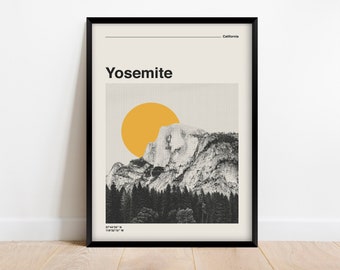 Yosemite National Park Retro Travel Poster, Mid Century Modern Digital Print, California Mountains Wall Art Digital Download