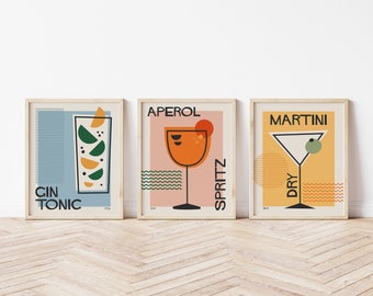 Cocktail Print Set of 3, Aperol Spritz, Martini and Gin Tonic, Retro Colorful Kitchen Poster, Mid Century Modern Bar Decor Digital Download