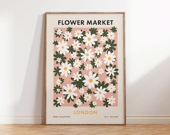 Flower Market London, impresión digital danesa de color rosa pastel y verde Ditsy, póster de margarita retro en múltiples tamaños
