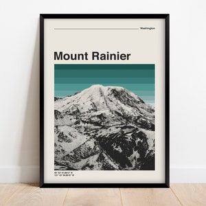 Affiche de voyage du parc national de Mount Rainier, impression moderne rétro du milieu du siècle, téléchargement numérique d'art mural de paysage minimaliste