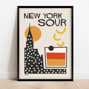 Cartel de cóctel retro New York Sour, póster de cocina moderna de mediados de siglo, decoración de bar colorida vintage descarga digital