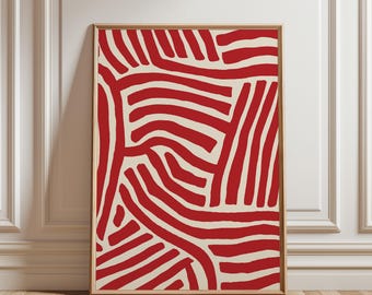 Minimalist Printable Wall Art, Boho Japandi Print, Abstract Contemporary Art, Painted Stripes in Red, Trendy Poster, Digital Download