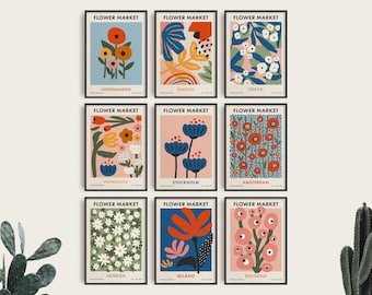 Flower Market Set of 9 Digital Prints, Colorful Retro Floral Poster in Multiple Sizes