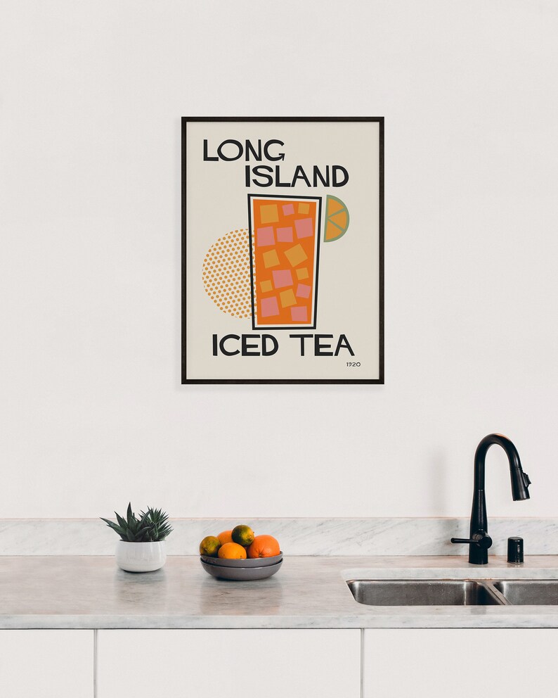 May include: A retro-style poster with a black frame featuring a stylized illustration of a glass of iced tea with a lime wedge. The text "LONG ISLAND ICED TEA 1920" is printed in black on a beige background.