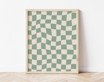 Decoración a cuadros verde salvia, descarga digital de arte de pared funky, decoración groovy de moda, impresión digital de tablero de ajedrez ondulado retro