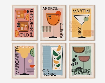 Cocktail Print Set of 6, Retro Colorful Pastel Poster Digital Download, Mid Century Kitchen Wall Art and Bar Decor