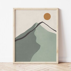 Minimalist Mountain Landscape, Abstract Mountain and Sun Digital Print in Sage Green Tones