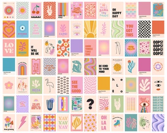 Funky Retro Wall Collage Kit, Groovy Preppy Room Decor, 60s 70s Colorful Aesthetic, Set of 84 Prints 5x7 in. Digital Download