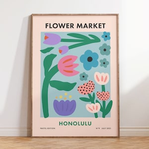 Retro Blumenmarkt Poster Honolulu, trendige bunte Wandkunst, Funky Floral Scandi Print Digitaler Download
