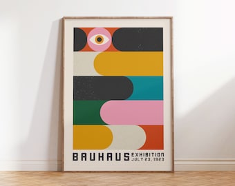 Plakat wystawowy Bauhaus, eklektyczny kolorowy druk geometryczny, funky nowoczesny wystrój pokoju niezależnego Digital Download