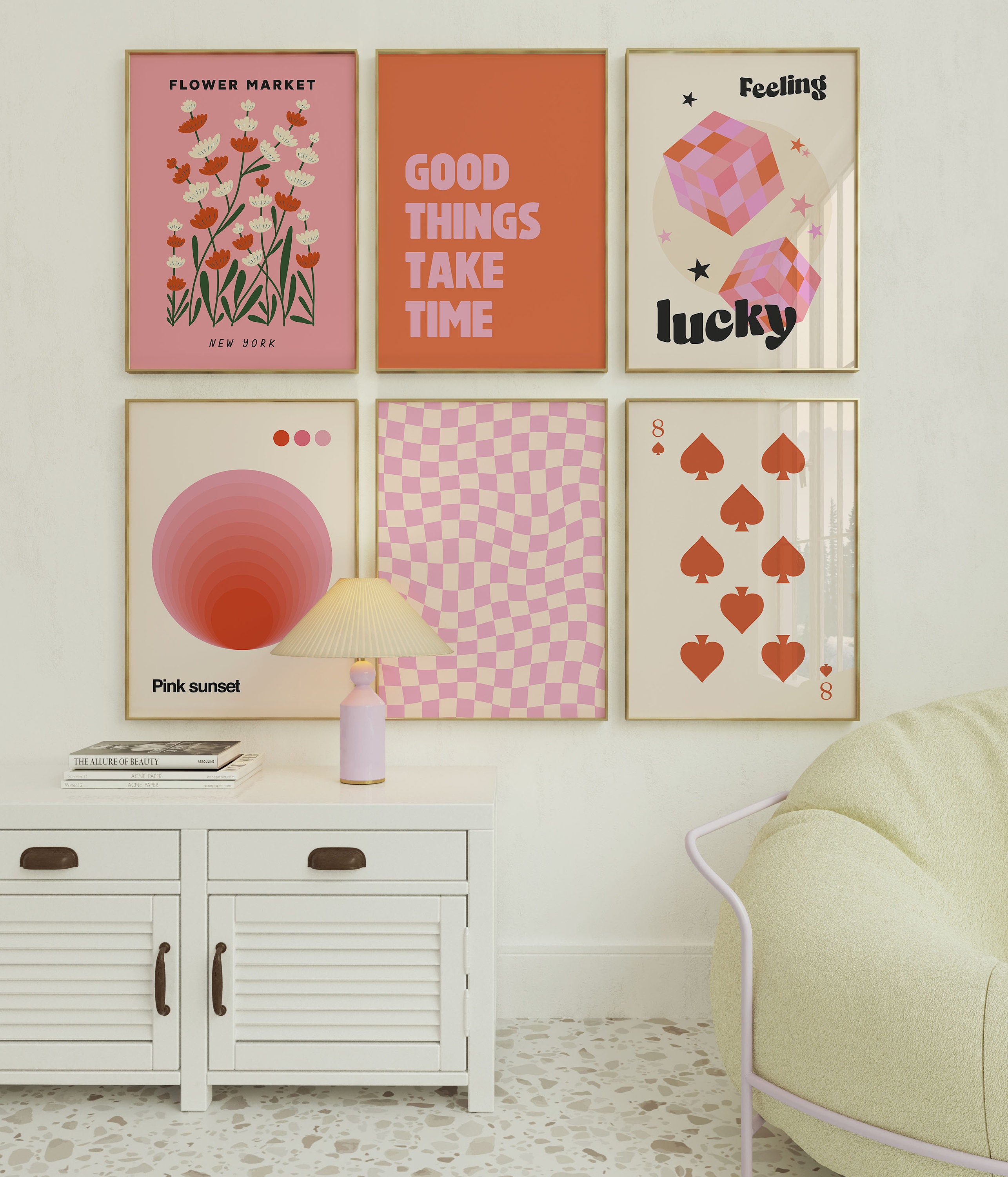 Retro Funky Wall Art Set of 6 Prints, Pink and Orange Groovy