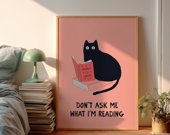 Black Cat Reading Cute Book Lover Print Retro Bookish Poster Preppy Wall Art Girly Pink College Dorm Decor Cool Teen Room Decor
