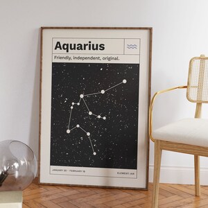 Puede incluir: Un p&oacute;ster en blanco y negro con el texto "Aquarius" en letras blancas y negritas. El p&oacute;ster tambi&eacute;n incluye el texto "Friendly, independent, original." y un gr&aacute;fico de constelaci&oacute;n. El p&oacute;ster tambi&eacute;n incluye el texto "JANUARY 20 - FEBRUARY 18" y "ELEMENT: AIR".