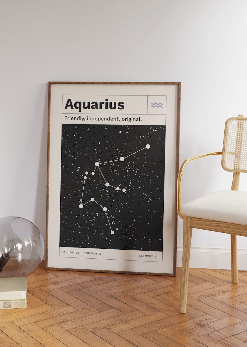 Puede incluir: Un p&oacute;ster en blanco y negro con el texto "Aquarius" en letras blancas y negritas. El p&oacute;ster tambi&eacute;n incluye el texto "Friendly, independent, original." y un gr&aacute;fico de constelaci&oacute;n. El p&oacute;ster tambi&eacute;n incluye el texto "JANUARY 20 - FEBRUARY 18" y "ELEMENT: AIR".