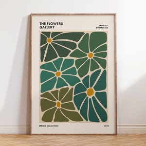 Estampado floral retro abstracto, cartel del mercado de flores, arte de pared botánico funky en tonos verdes, decoración de pared de los años 60 y 70, descarga digital