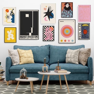 Eclectic Gallery Wall Set of 9 Prints, Bauhaus Exhibition Posters, Picasso, Klimt, Mirò, Klee, Colorful Maximalist Decor Digital Download
