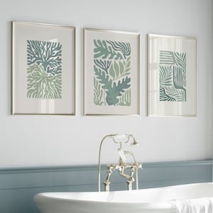 Salbeigrünes Badezimmer-Wandkunstset, abstraktes botanisches Druckset, von Matisse inspiriertes Poster, minimalistisches 3-teiliges Wandkunstwerk, sofortiger Download