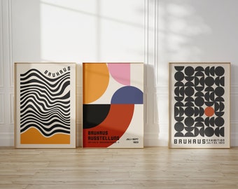 Bauhaus Set von 3 Drucken, Eklektische moderne Ausstellungsposter, Mid Century Geometrische Galerie Wandset, trendige Wanddeko digitaler Download