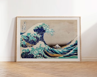 Art mural de vagues japonaises, impression horizontale de paysage, affiche imprimable vintage, téléchargement numérique de décoration murale côtière à la mode