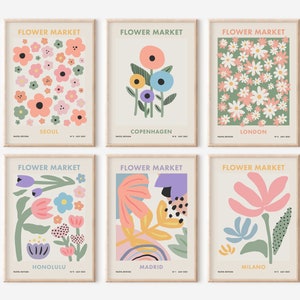 Flower Market Print Set of 6, Danish Pastel Wall Art, Colorful Floral Retro Posters Digital Download, Botanical Trendy Wall Art