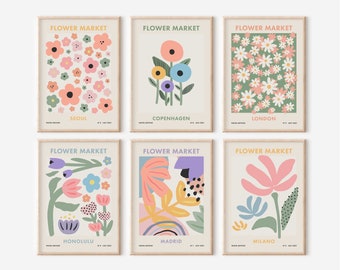Flower Market Print Set of 6, Danish Pastel Wall Art, Colorful Floral Retro Posters Digital Download, Botanical Trendy Wall Art