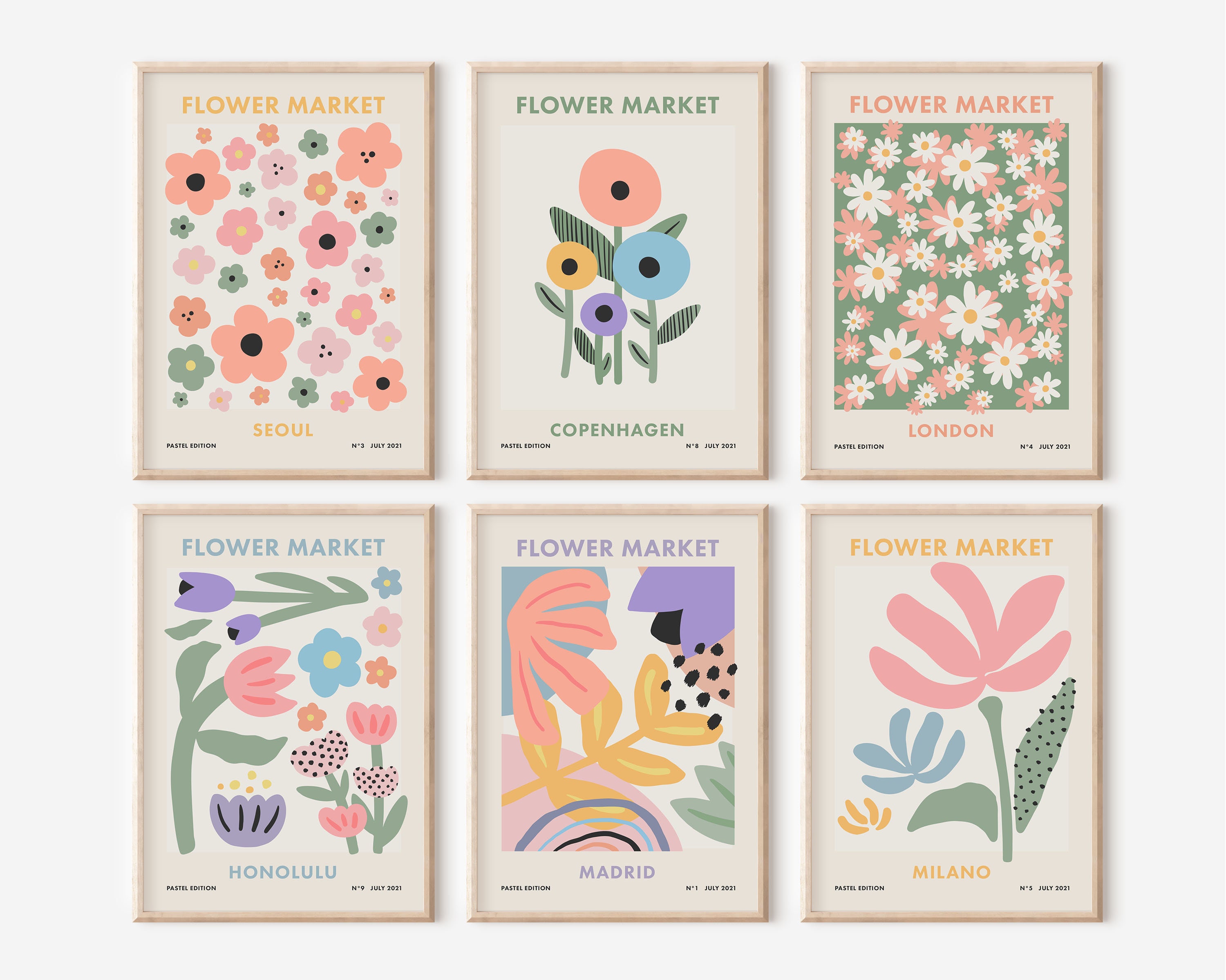 NO104 くるみ商品　三角屋根の簡単移動５段　FLOWER　MARKET Flower Market Print Set of 6, Girly Preppy Wall Art, Pastel