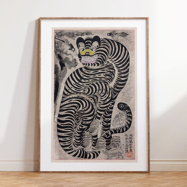 Japanese Tiger Wall Art, Retro Vintage Poster, Maximalist Eclectic Wall Art, Trendy Living Room Wall Decor Digital Download