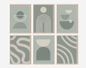 Sage Green Wall Art Set of 6 Prints, Abstract Boho Minimalist Printable Gallery Wall Set, Mid Century Modern Posters Digital Download